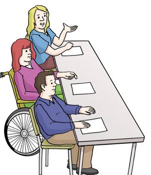 Grafik: Eine Gruppe von Menschen hält ein Vortrag